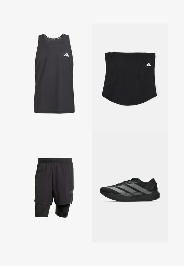 Black athletic tank top featuring breathable mesh material, rounded neck, and white Adidas logo on the left chest.; Black athletic shorts with integrated inner layer, made from breathable fabric. Features subtle logo and structured texture. Adjustable waistband.; Black athletic shoes with a lightweight design, featuring three prominent gray stripes, a smooth texture, and a contoured sole.; Black athletic headband with a smooth texture, curved shape, and elastic top. Features a small white Adidas logo on the side.
