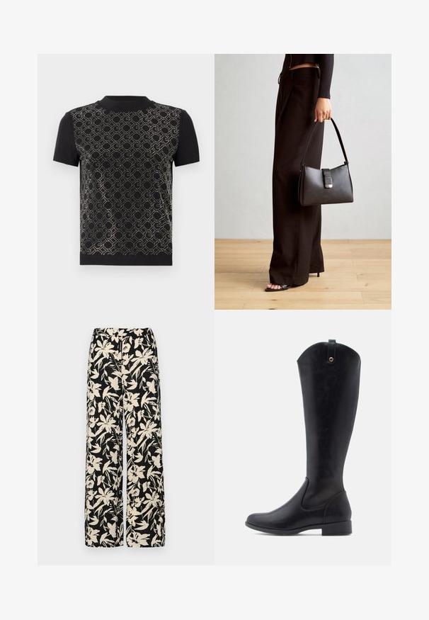 Juodas trumpomis rankovėmis marškinėliai, kuriuose priekyje yra tekstūruotas deimanto raštas su sidabro akcentais, o nugara ir apykaklė yra visiškai juodos.; Juodos plačios kojos kelnės su grietinėlės spalvos gėlių raštu. Pagamintos iš lengvos medžiagos, pasižyminčios lygiapass viršutine tekstūra ir aukštu liemeniu.; Knee-high juodi odiniai batai su lygiu paviršiumi, apvaliu noseliu, žemu blokuotu kulnu ir išgaubtu viršutiniu kraštu su kilpos detale gale.; Juodas rankinė struktūrizuota forma, lygi tekstūra ir metalinis užsegimas. Suporuota su plačiomis juodomis kelnėmis ir atvirais bateliais ant medinių grindų.