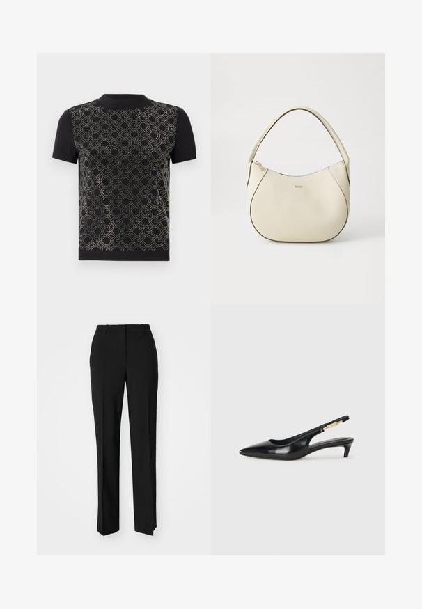 Black short-sleeve t-shirt featuring a textured diamond pattern in silver accents across the front and a solid black back and collar.; Black tailored trousers with a straight-leg design, featuring a smooth texture and crisp creases along the front. No visible hardware.; Black leather slingback heels with a pointed toe, featuring a slim heel and a gold-tone accent on the adjustable strap. Smooth texture.; Cream-colored handbag with a textured finish, curved shape, short handle, and gold-tone logo detail. Zipper closure at the top.