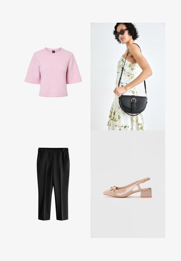 Trumpomis rankovėmis rausvas megztinis su rausvu raštu ir apvaliu iškirptu, pasižymintis laisvu siluetu ir trumpintu apačia.; Juodos kelnių šortai su laisvu kirpimu, elastinga juosmens juosta ir dviem priekinėmis kišenėmis. Medžiaga turi glotnų paviršių su šiek tiek blizgiu finišu.; Bežiniai lakuoti slingback batai su blokiniu kulniu, smailiu pirštu ir auksinės spalvos sagtimi viršuje.; Juodas odinis krepšys su išlenkta forma, nuimamu dirželiu ir auksiniais detalėmis. Krepšys turi kilpą su sagtimi.