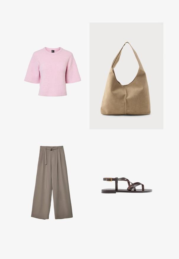 Růžový pletený pulovr s krátkými rukávy, žebrovanou texturou a kulatým výstřihem, s uvolněným střihem a zkráceným lemem.; Kalhoty s širokými nohavicemi v měkké, tlumené šedé látce, s páskem v pase a sklady pro přidaný designový detail. Hladká textura, bez vzorů.; Hnědé kožené sandály s kříženými pásky, uzavřením na přezku u kotníku a plochou podrážkou s minimem švů.; Taška hobo v měkké béžové semišové kůži s uvolněným tvarem, širokým ramenním popruhem a ručně šitým švem na přední straně.