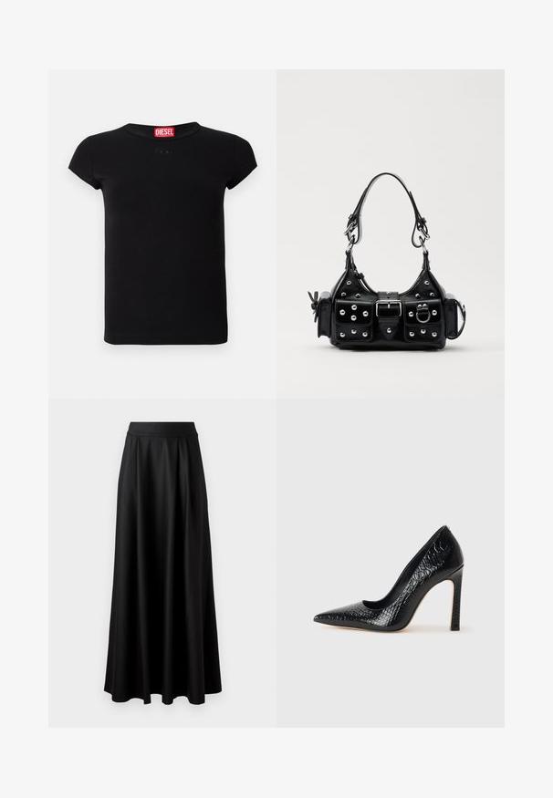 Lyhythihainen musta -tiukka t-paita, jossa on pyöreä pääntie ja punainen Diesel-logotagi kauluksessa.; Mustat, lattiapituinen hame, jossa on sileä pinta, leveä vyötäröosa ja plissoitu muotoilu, ilman näkyviä kuvioita tai koristeita.; Musta kapea nilkkakorkokenkä krokotiilin nahkakuviolla, joka on varustettu tyylikkäällä muotoilulla, korkealla stiletto-korkealla ja sileällä mustalla sisäosalla.; Musta nahkainen käsilaukku, jossa on kaareva muotoilu, hopeiset niitit, solki ja kaksi sivutaskua. Säädettävä olkahihna erilaisiin kantovaihtoehtoihin.