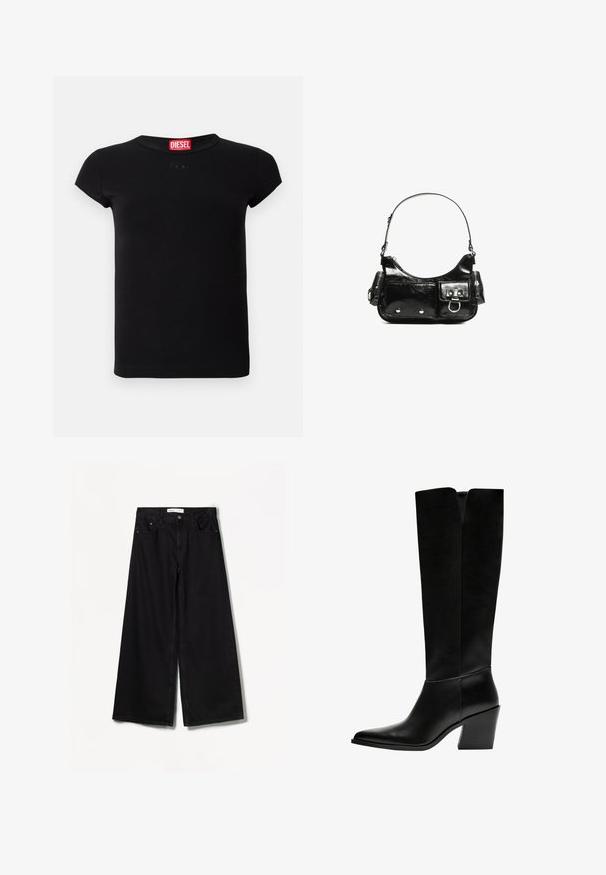 Črna kratka majica s kratkimi rokavi, prilegajočega kroja, z okroglo izrezom in rdečo oznako Diesel znotraj ovratnika.; Bershka WIDE-LEG - Široke hlačnice - black; Črne gležnjarje do kolen iz gladkega usnja, z ostrim nosom, blokinim peto in V-oblikovanim izrezom na vrhu.; Črna lakasta usnjena torbica s ukrivljeno obliko, enim ramenskim trakom, sprednjimi žepi in srebrnimi kovinskimi dodatki.