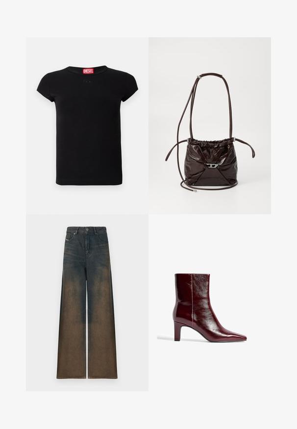Čierne priliehavé tričko s krátkymi rukávmi a okrúhlym výstrihom s červenou značkou Diesel na límci.; Džínsy s širokými nohavicami v tmavom denime, s gradientom, ktorý prechádza z tmavej na svetlohnedú farbu, s klasickým dizajnom piatich vreciek a kovovým zapínaním.; Burgundy kožené členkové topánky s špicatou špičkou, elegantným dizajnom a stredným blokovým podpätkom. Hladká textúra a minimálne švy.; Tmavo hnedá lesklá kožená kabelka na rameno s naťahovacím vrchom a tenkým nastaviteľným popruhom, ktorá má na prednej strane malý strieborný uzáver.