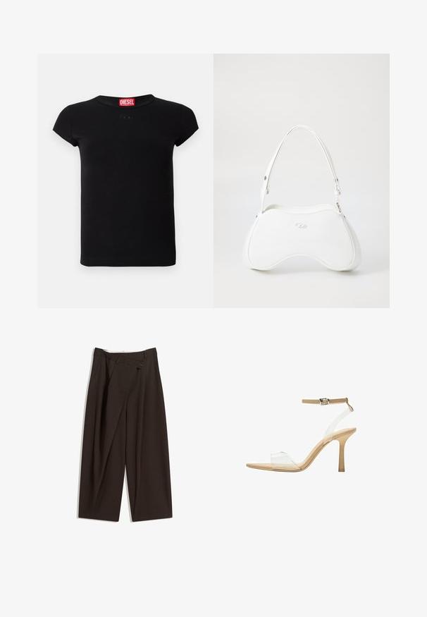 Tricou scurt negru, mulat, cu guler rotund și etichetă roșie Diesel pe interiorul gulerului.; Pantaloni largi de culoare maron închis, cu talie înaltă, având închiere cu un singur nasture și un față pliată. Confectionați dintr-un material ușor.; Sandalie cu toc transparent, cu un brad transparent, talpă bej și o curea subțire pentru glezna. Au vârf ascuțit și un toc subțire înalt.; Geantă albă cu o suprafață netedă și lucioasă, formă curbată și o singură curea ajustabilă. Prezintă un logo embosat pe față.