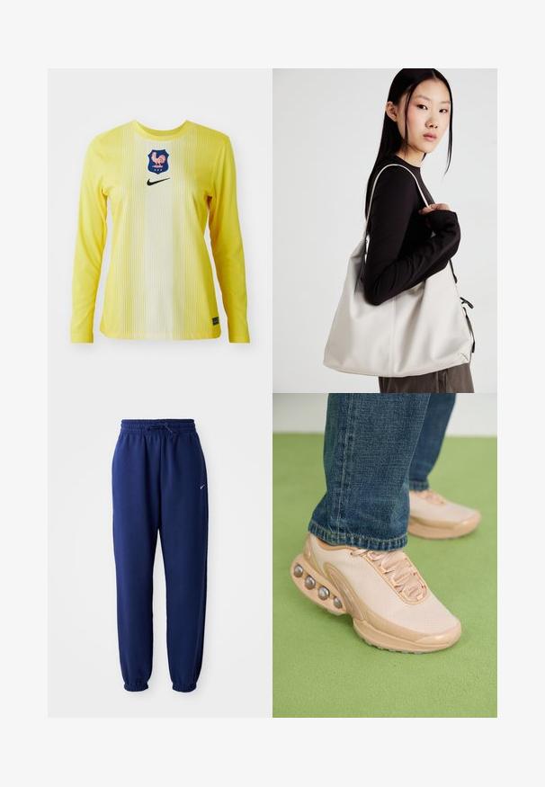 Jersey Nike cu maneca lunga, de culoare galben aprins, cu dungi verticale, avand un emblemă albastră cu un cocos și un logo swoosh negru.; Pantaloni de sport bleumarin, confecționați dintr-un material moale, având o talie elastică cu șnur, manșete elastice și un mic logo alb.; Pantofii sport de culoare bej deschis au un superior din plasă, talpă din cauciuc și accente rotunjite cu detalii metalice. Purtați cu blugi albaștri pe o suprafață verde.; Geantă bej din material moale, cu un design lejer, detalii cusute și două bretele pentru umăr. Potrivită pentru utilizarea zilnică.
