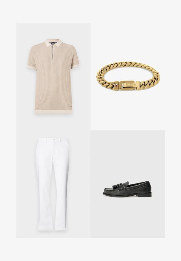 Beige Polohemd mit kurzen Ärmeln, das über eine gerippte Struktur, einen Reißverschlusskragen und kontrastierende Besätze an Ärmeln und Saum verfügt. Dezentes Logo-Detail.; Schwarzes Kurzarmhemd mit einem atmungsaktiven Netzdesign, ausgestattet mit einem Kragen und braunen Knöpfen auf der Vorderseite, ergänzt durch Akzente aus festen Stoff.; Weiße Baumwollhose mit geradem Bein, vorderen Taschen, einem einzigen Knopfverschluss und einer glatten Textur.; Schwarze Lederloafer mit abgerundeter Spitze, dekorativen Quasten und einer gestickten Gestaltung. Flache Sohle mit dezentem Branding an der Seite.; Goldfarbener Armband mit ineinandergreifenden Gliedern, ausgestattet mit einem Verschluss mit dem "HILFIGER"-Logo und roten sowie blauen Akzenten. Glatte, polierte Oberfläche.