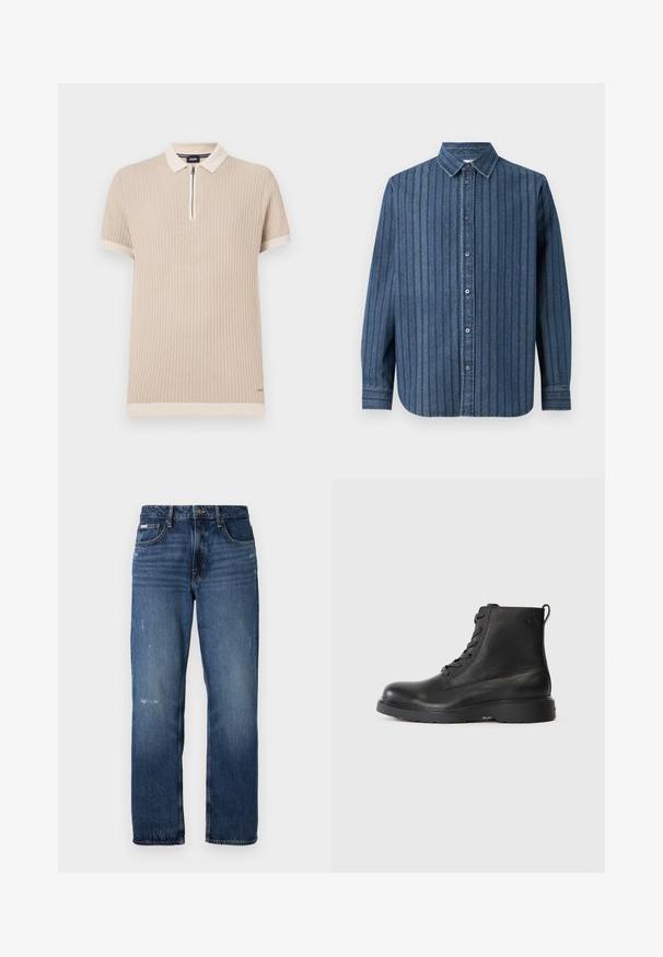 Beige kortærmet polo skjorte med ribbet tekstur, lynlås krave og kontrastfarvet kant langs ærmerne og kanten. Diskret logo detalje.; Samsøe Samsøe SADAMON SHIRT - Skjorter - denim; Blå denim jeans med lige ben design. Har slidte områder og let slitage på forsiden, med en klassisk knaplukning.; Sort ankelstøvle lavet af struktureret læder med rund tå, snørelukning og en robust sort gummisål. Har en løkke ved hælen.