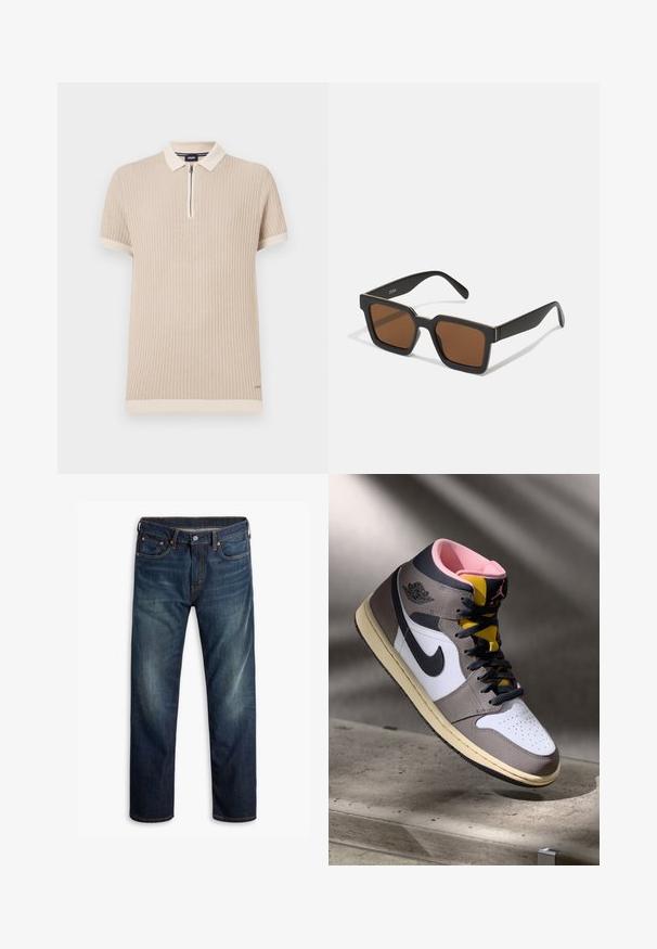 Beige lühikeste varrukatega polo särk, millel on ribakujuline tekstuur, luku kaelus ja kontrastsed ääred varrukatel ja hemil. Peen logo detail.; Tumed sinised teksad kerge kulumisega reite piirkonnas, viie-tasku disain, nööp sulgemine ja nähtav oranž õmblus valgel taustal.; Valged, hallid ja mustad kõrged Nike Air Jordani sneakers, roosa sisetallaga ja kollase keelega, asetatud betoonpinnale.; Must mustad prillid pruunide läätsedega, millel on matt viimistlus ja kuldsed aktsendid raami peal. Disain on nurkne laia varrega.