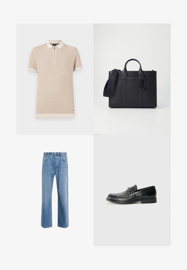 Béžové polo tričko s krátkým rukávem, které má žebrovanou strukturu, límec na zip a kontrastní lemování na rukávech a spodním lemu. Jemný detail loga.; Světle modré džínové kalhoty s rovnými nohavicemi, pěti kapsami, zapínáním na knoflík, minimálním vyblednutím a kontrastním prošitím.; Černé kožené mokasíny s kulatou špičkou, s prošívaným vzorem, malým předním páskem s kovovými detaily a plochou gumovou podrážkou.; Tmavě námořnická kožená aktovka s dvojitými horními rukojeťmi a odnímatelným popruhem. Má texturovaný povrch, vertikální švy a detail s logem.