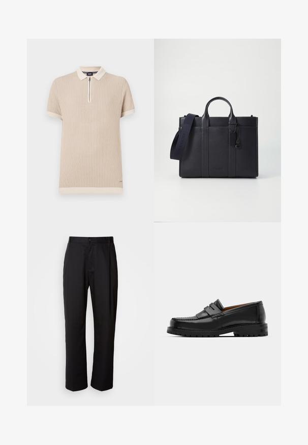 Beige kortærmet polo skjorte med ribbet tekstur, lynlås krave og kontrastfarvet kant langs ærmerne og kanten. Diskret logo detalje.; Sorte bukser med lige snit, lavet af letvægtsstof. Har en forreste knaplukning og to sidelommer; glat tekstur.; Sorte læder loafers har en forhøjet søm, to dekorative remme på overdelen og en tyk struktureret sål for bedre greb.; Mørkeblå læderaktet med dobbelte topgreb og en aftagelig rem. Har tekstureret overflade, lodret syning og logodetalje.