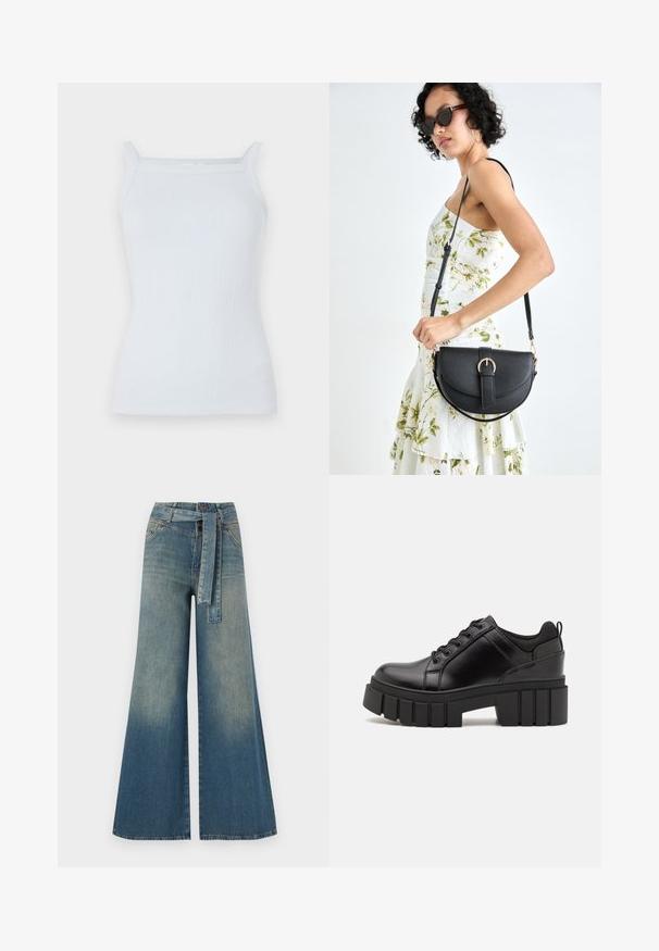 Jasnoniebieski ribbed top na ramiączkach z wąskimi paskami i prostym dekoltem. Wykonany z miękkiego materiału, z dopasowanym krojem i minimalnym zdobieniem.; Szerokie spodnie dżinsowe z gradientem od jasnoniebieskiego do ciemnoniebieskiego, wysokim stanem, szlufkami na pasek oraz pasującym paskiem z tkaniny. Teksturowany wykończenie dżinsu.; Czarne skórzane buty na platformie z masywnym słupkowym obcasem, okrągłym noskiem i klasycznym sznurowaniem. Posiadają gładką teksturę i minimalne wykończenia.; Czarna skórzana torebka o zakrzywionym kształcie, z odpinanym paskiem i złotymi akcentami. Torebka posiada klapę z zapięciem w kształcie klamry.