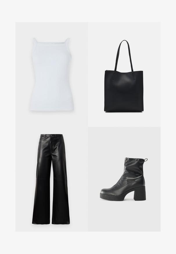 Vaaleansininen ribatty tank top, jossa on kapeat hihnat ja suora pääntie. Valmistettu pehmeästä kankaasta, jossa on istuva muotoilu ja minimaalinen yksityiskohtaisuus.; Mustat korkeat leveät keinonahkahousut, joissa on etupainike, vetoketjukiinnitys, vyölenkit ja sivutaskut valkoista taustaa vasten.; Mustat nilkkurit, jotka on valmistettu sileästä nahasta. Niissä on sivuvetoketju, paksu teksturoitu korko ja pyöristetty kärki.; Mustapahkainen kangaskassi, jossa on sileä pinta, suorakaiteen muotoinen ja kaksi pitkää kahvaa. Ei näkyvää metalliosaa tai koristeita.