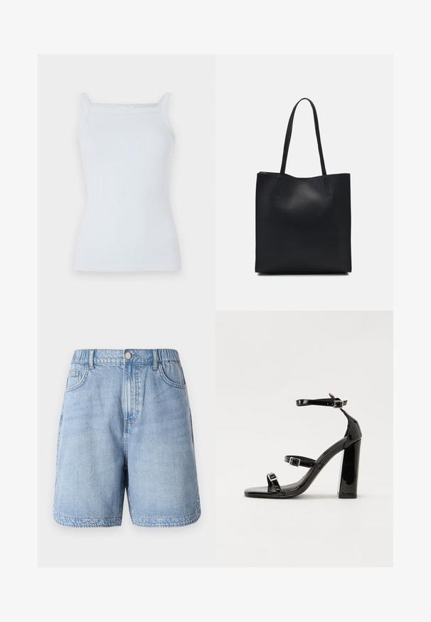 Top cu bretele subțiri, de culoare bleu deschis, cu un guler drept. Confecționat dintr-un material moale, cu un croi ajustat și detalii minime.; Pantaloni scurți din denim de culoare albastru deschis, cu talie elastică, două buzunare frontale și o croială lejeră. Prezintă o ușoară decolorare și detalii de coasere pe partea de sus.; Sandale cu toc din patent negru, cu vârf pătrat, curele la gleznă și catarame din argint. Dispune de un toc gros pentru stabilitate.; Geantă tote neagră din piele, cu textură netedă, formă rectangulară și două mânere lungi. Fără hardware vizibil sau ornamente.