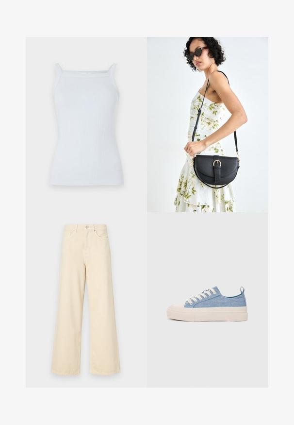 Világoskék bordás ujjatlan felső keskeny pántokkal és egyenes dekoltázzsal. Puha anyagból készült, fitted fazonú, minimális részletezéssel.; Bézs, széles lábú farmernadrág, pamutból készült. Gombos záródással, övhurkokkal és elülső zsebekkel rendelkezik, sima, puha tapintással.; Világoskék vászon sportcipők, krémszínű gumitippel és talppal, fehér fűzőkkel és egy húzófüllel a sarkán.; Fekete bőrtáska ívelt formával, levehető pánttal és arany színű fémrészekkel. A táskán egy csattal díszített fedél található.