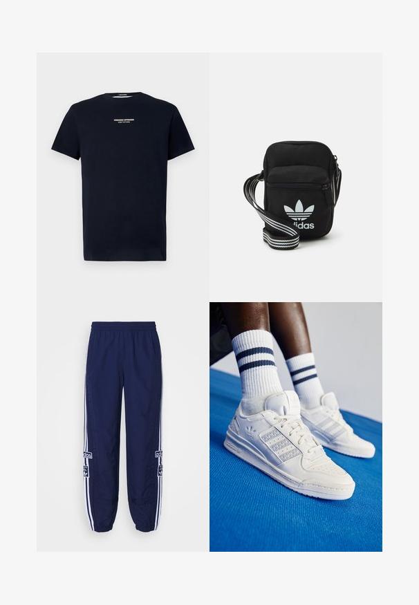 Tricou din bumbac bleu marin, cu mâneci scurte și decolteu tip crew. Pe față se află textul alb "WEEKEND OFFENDER ADMIT NOTHING."; Pantaloni de trening bleumarin cu talie elastică, dungi albe pe părțile laterale și embleme pe ambele laturi. Material texturat, cu manșete conice.; Adidași albaștri din piele cu accente perforate, trei dungi metalice și un panou lateral texturat. Purtați cu șosete albe cu dungi albastre.; Geantă de umăr din material textil negru, cu închidere cu fermoar, având un logo Adidas alb și o curea ajustabilă cu dungi pentru o transportare ușoară.
