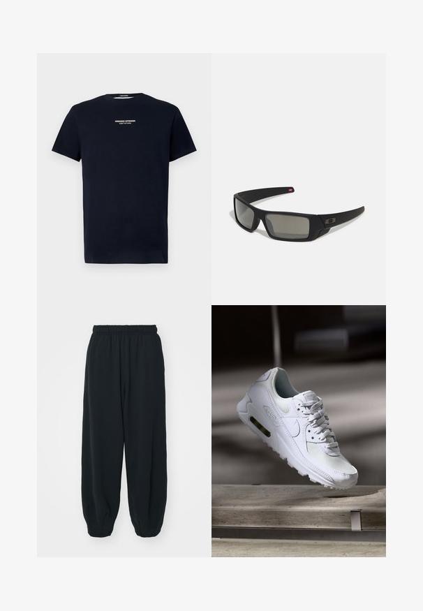 Navyblauwe katoenen t-shirt met korte mouwen en een ronde hals. Op de voorkant staat in witte tekst "WEEKEND OFFENDER ADMIT NOTHING."; Zwarte, elastiche sweatpants met een losse pasvorm, manchetten aan de enkels, een zachte textuur en zonder zichtbare patronen of hardwareaccenten.; Witte Nike Air Max 90 sneaker met een bovenwerk van mesh en leer, een geperforeerde teenbox en een zichtbare luchtunit in de hiel.; Zwarte zonnebril met een matte afwerking, rechthoekige glazen, een lichte kromming op de slapen, subtiele logodetails en rookgetinte glazen.