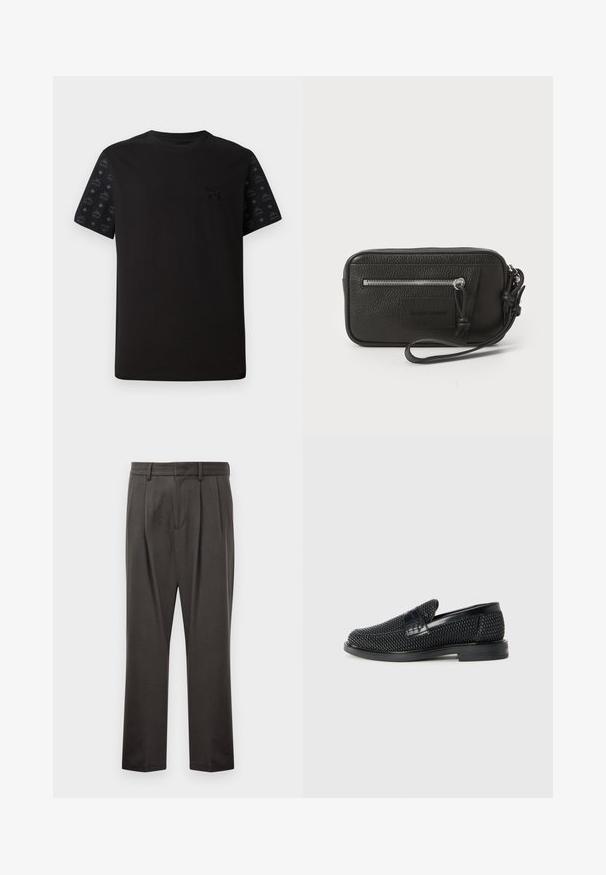 Black t-shirt with short sleeves featuring a solid front and patterned black accents on sleeves. Material appears soft and smooth.; Dark gray trousers made from textured fabric, featuring a flat front, pleats, straight legs, and belt loops. No visible hardware or patterns.; Black woven slip-on shoe with a smooth leather accent on the upper, a round toe design, and a low-profile rubber sole.; Black leather clutch with textured surface, front zip pocket, and detachable wrist strap. Features a logo patch on the front. Rectangular shape.
