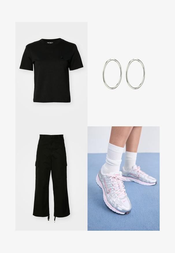 Crna majica od pamuka. Kratki rukavi i okrugli izrez. Ima mali, tamni logo na lijevoj strani prsnog koša. Jednostavan, klasičan dizajn.; Crne cargo hlače od pamuka, širokih nogavica, s bočnim džepovima i rubovima s drškom. Dizajn uključuje kopčanje na gumbu u struku.; Nike trkaće tenisice s gornjim dijelom od srebrne mreže s ružičastim detaljima, bijelim vezicama i teksturiranom potplatom. Nosene s bijelim pamukom sportskim čarapama.; Srebrne okrugle naušnice s glatkom, poliranom površinom. Okrugli oblik, lagani dizajn, s mehanizmom sigurnog kopčanja.