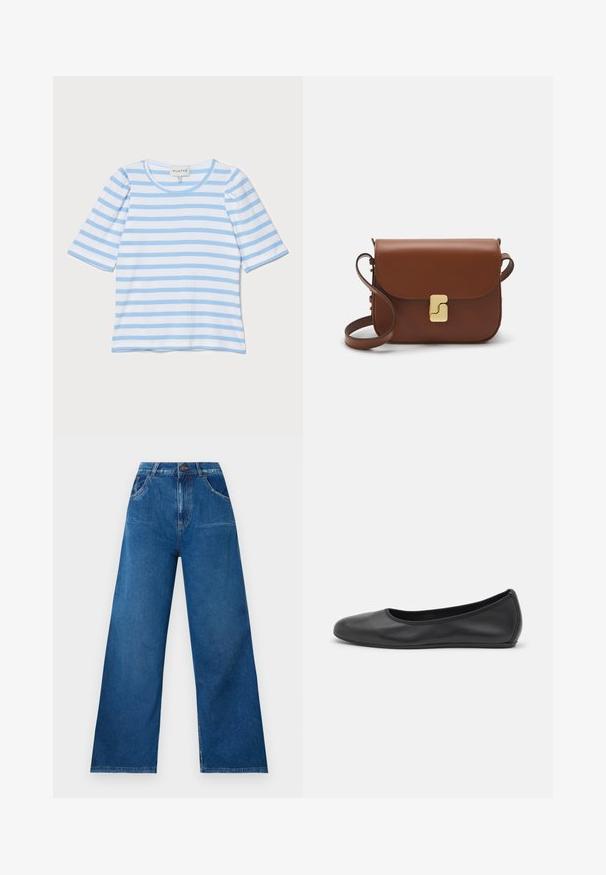 Světle modré pruhované tričko s krátkým rukávem, kulatým výstřihem a žebrovanou strukturou, s přepínajícími se tenkými bílými a modrými pruhy.; Široké džíny v tmavě modrém denimovém provedení s vysokým pasem, vybavené předními a zadními kapsami a kontrastním prošíváním.; Černé kožené baletní byty s kulatou špičkou, hladkou texturou, minimálními švy a flexibilním designem podrážky.; Hnědá kožená kabelka s klopou, zlatými kovovými detaily, ramenním popruhem a hladkým povrchem. Kompaktní obdélníkový tvar.