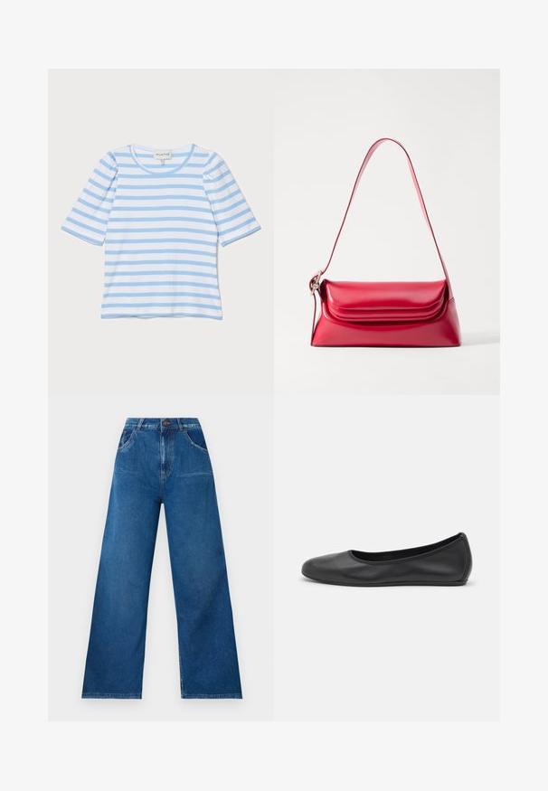 Light blue striped T-shirt with short sleeves, round neckline, ribbed texture, featuring alternating thin white and blue stripes.; Wide-leg jeans in dark blue denim with a high waist, featuring front and back pockets, and contrast stitching details.; Black leather ballet flat with a rounded toe, smooth texture, minimal stitching detail, and a flexible sole design.; Red leather handbag with a structured shape, smooth texture, and a single adjustable strap. Features a rounded flap closure.