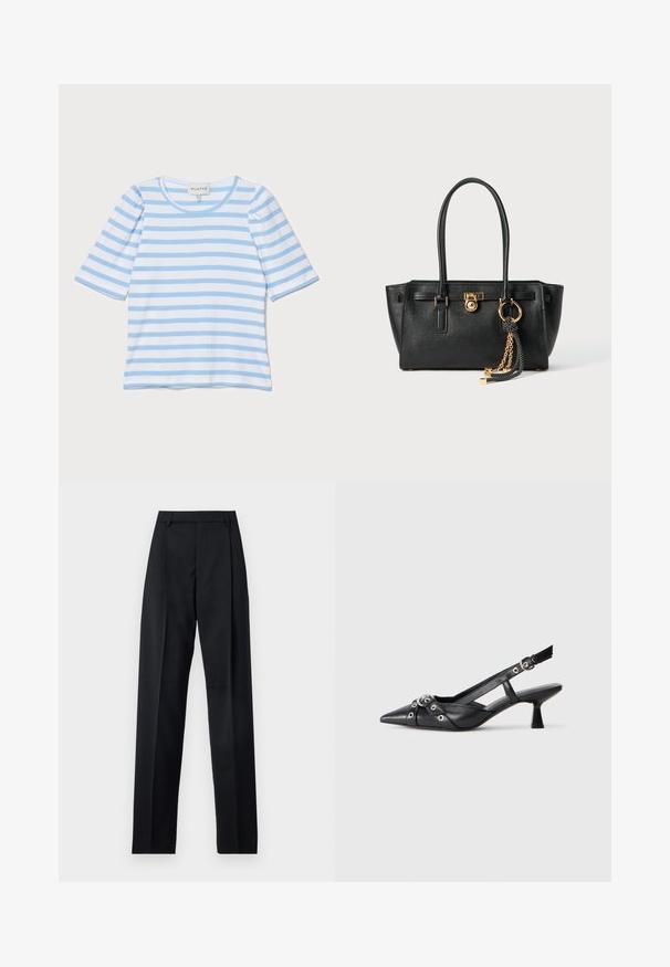 Lichtblauw gestreept T-shirt met korte mouwen, ronde hals, ribbelstructuur, met afwisselend dunne witte en blauwe strepen.; Zwarte broek gemaakt van gladde stof met een hoge taille, wijde benen, voorplooien en klassieke ceintuurlussen. Geen zijzakken zichtbaar.; Zwarte leren slingback schoen met een puntige neus, decoratieve banden met metalen oogjes en een lage blokhak. Textuur oppervlak.; Zwarte leren handtas met dubbele handgrepen, gouden slot en kettingdetail, en zwart-witte franjer accent tegen een witte achtergrond.