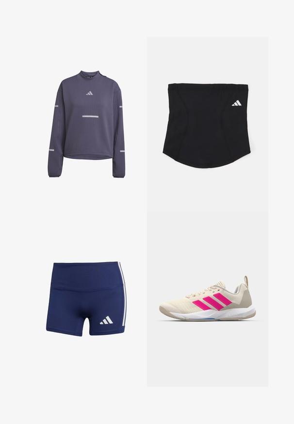 Dlhý rukáv fialový bežecký top s rebrovanou textúrou, vysokým golierom, reflexnými pruhmi na hrudi a rukávoch a logom Adidas na prednej strane.; Námornícke modré športové šortky s tesným strihom, vyrobené z hladkej tkaniny, s bielymi bočnými pruhmi a logom na dolnom ľavom rohu.; Béžová atletická obuv s ružovým logom trojpruhov, textúrovaný sieťový zvršok, polstrovaný golier a biela gumová podrážka s označením "LIGHTSTRIKE".; Čierny športový čelenka s hladkým povrchom, zakriveným tvarom a elastickým vrchom. Na boku sa nachádza malé biele logo Adidas.