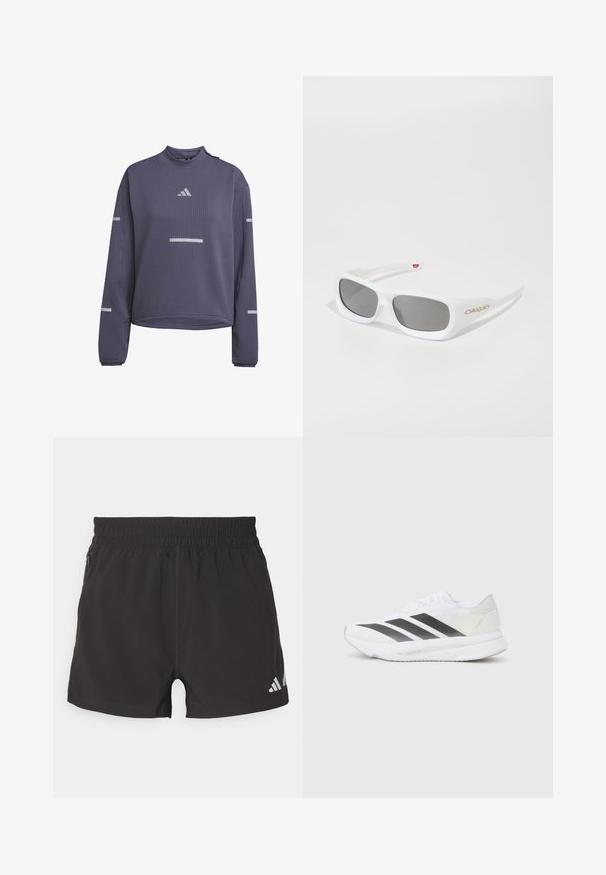 Long-sleeve purple waffle-knit running top with high collar, reflective stripes on chest and sleeves, and Adidas logo on front.; Black athletic shorts made of lightweight fabric. Features an elastic waistband, side zipper pocket, and a reflective logo on the hem.; White athletic shoe with black diagonal stripes, mesh upper, rounded toe, and textured sole. Accents include a silver heel and minimalistic design.; White rectangular Oakley sunglasses with dark lenses resting on a white surface, logo visible on the side.