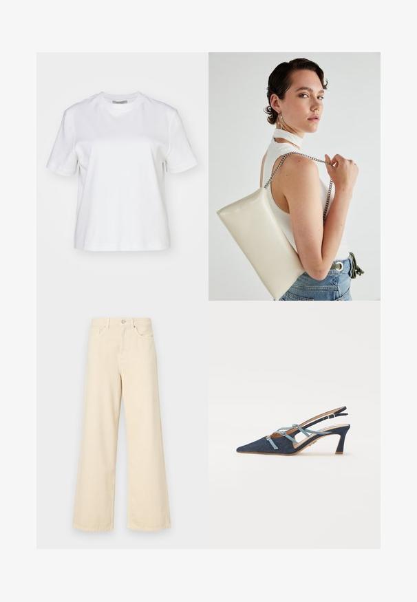 AllSaints LISA - Basic póló - white; Bézs, széles lábú farmernadrág, pamutból készült. Gombos záródással, övhurkokkal és elülső zsebekkel rendelkezik, sima, puha tapintással.; Farmer slingback cipő, hegyes orral, világoskék pántokkal, masnikkal, közepes sarkú, struktúrált anyagból, világosbarna talpbetéttel, minimális varrással, letisztult dizájnnal.; Fehér, téglalap alakú, fényes anyagból készült clutch táska, ezüst láncos pánttal. A modell pózol, bemutatva a táskát egy egyszínű háttér előtt.