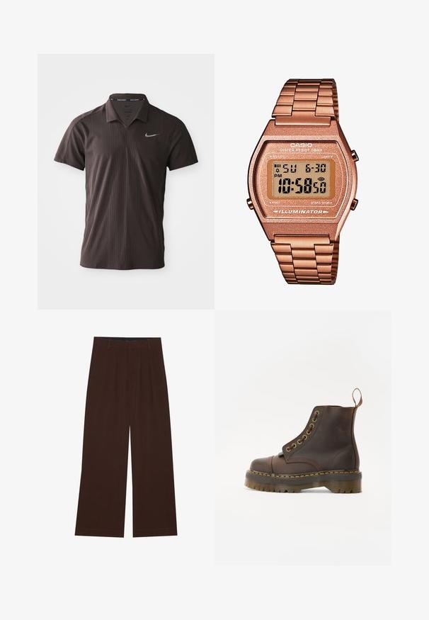 Camisa polo castanho-escuro feita de tecido texturizado, com um fecho de três botões e o logótipo Swoosh da Nike no lado esquerdo do peito.; Calças largas castanhas com pregas. Feitas de um tecido suave, com uma cintura ajustada e bolsos laterais. Barra lisa na parte inferior.; Bota de cano baixo em couro castanho com bico redondo, costura amarela em contraste, ilhós metálicos decorativos e uma sola de borracha estriada.; Relógio digital Casio com pulseira metálica dourada rosada, caixa retangular, ecrã iluminado e resistência à água, mostrando a hora e a data.