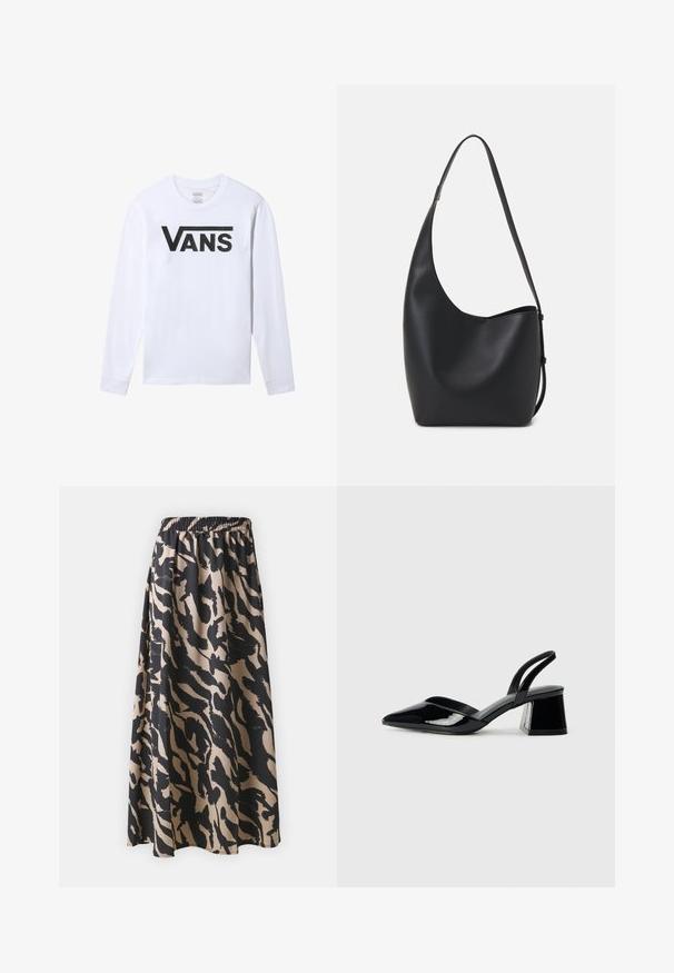 Witte lange mouwen t-shirt met zwart Vans-logo gecentreerd op de borst, ronde hals en geribbelde manchetten.; Zwarte en beige lange rok met een elastische tailleband, voorzien van een abstract dierenprintpatroon en een vloeiende silhouet.; Zwarte gepatineerde leren slingback hakken met een spitse neus en een geometrische blokhak. Kenmerkt zich door een slank, minimalistisch ontwerp en een gladde textuur.; Zwarte leren hobo tas met een gladde textuur, kromme vorm en een enkele verstelbare schouderband; heeft een brede opening aan de bovenkant.