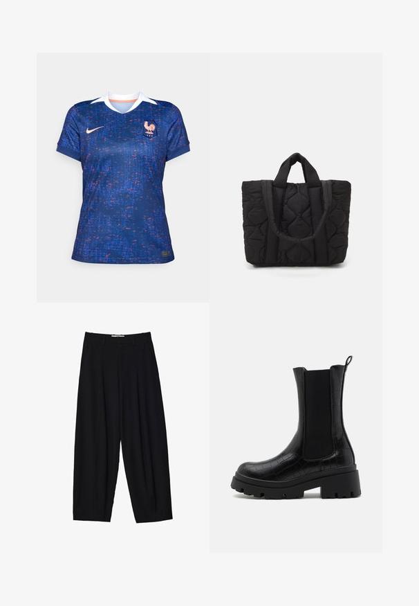 Nike naisten jalkapallopaita, sininen punaisilla ja violetilla pikselimäisillä kuvioilla, lyhyet hihat, V-pääntie, valkoinen kaulus, etuosassa logo ja vaakuna.; Mustat leveälahkeiset housut, jotka on valmistettu kevyestä kankaasta, ja joissa on etuplikat, klassinen vyötärönauha sekä sivutaskut. Sileä rakenne.; Mustat nilkkurit, joissa on strukturoidun krokotiilinnahkaefekti, joustavat sivupaneelit ja paksu musta pohja lisäämään pitoa ja vakautta.; Mustat tikatut käsilaukut, joissa on kaksi vankkaa kahvaa. Laukussa on teksturoitu kangas, jossa on timanttikuosi kestävyys ja tyyli huomioiden.