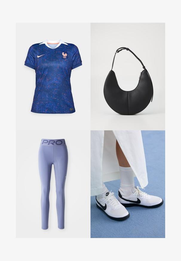 Nike ženska nogometna majica, plava s crvenim i ljubičastim pikselastim uzorkom, kratkih rukava, V-izreza, bijela ovratnik, s grbom i logom sprijeda.; Ljubičaste tajice od rastezljivog materijala, s širokim pojasom na kojem je u tamnijoj ljubičastoj boji otisnuto "PRO" i malim logom na donjem dijelu noge.; Bijele Nike tenisice s crnim detaljima, sa glatkim gornjim dijelom od kože, bijelim vezicama i čvrstim gumenim potplatima, uparene s bijelim rebrastim čarapama.; Crna kožna torba u obliku polumjeseca s glatkom teksturom, s jednim podešivim remenom i zatvaranjem na patentni zatvarač sa strane.