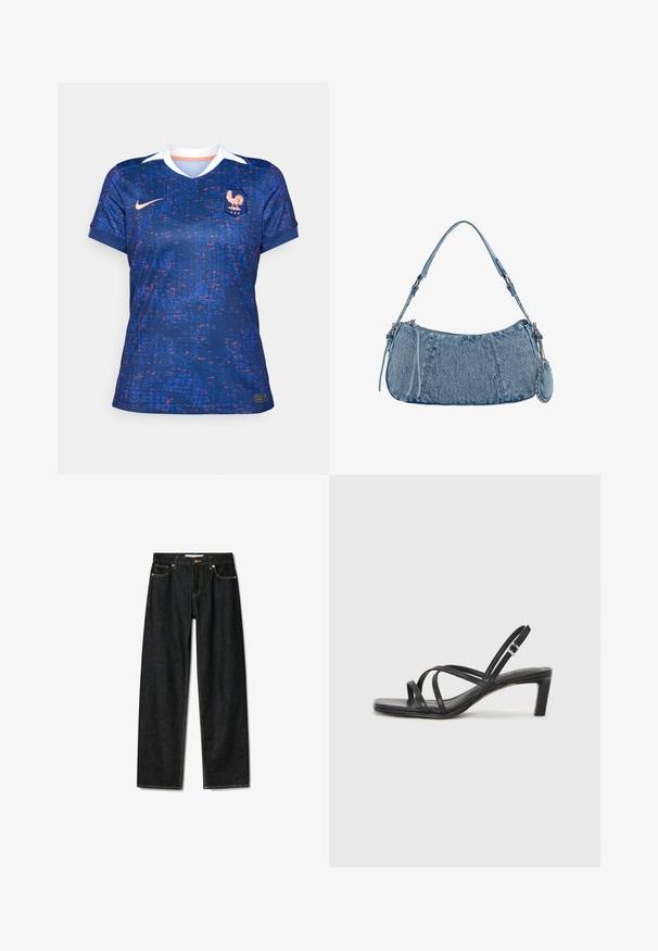 Dámský fotbalový dres Nike, modrý s pixelovaným vzorem v červené a fialové barvě, krátké rukávy, výstřih do V, bílý límec, s erbem a logem na přední straně.; Tmavé džínové kalhoty se střihovým provedením rovného střihu, zapínání na mosazný knoflík a kontrastním žlutým prošíváním. Obsahují pět kapes a mají klasický střih.; Černé sandály na tenkém podpatku se čtveratou špičkou a nízkým blokovým podpatkem. Mají několik tenkých popruhů a nastavitelné zapínání okolo kotníku. Vyrobeny z hladké kůže.; Džínová kabelka s zakřiveným tvarem, světle modré barvy, nastavitelným ramenním popruhem a malou odnímatelnou kapsičkou s metalickými akcenty.