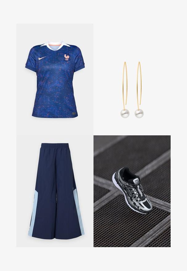 Nike kvinders fodboldtrøje, blå med rødt og lilla pixelmønster, korte ærmer, V-hals, hvid krave, har emblem og logo på fronten.; Marineblå brede benbukser med elastisk talje, der har lyseblå sidelapper og en glat tekstur. Designet til komfort og bevægelsesfrihed.; Nike løbesko med en sort og sølv farveskema, mesh-overdel, tekstureret sål og snøresystem for sikker pasform.; Guld-tone forlængede hoops øreringe med glatte hvide perle detaljer nederst på hver hoop. Simpelt og elegant design.