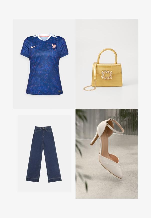 Nike women's soccer jersey, blue with red and purple pixelated pattern, short sleeves, V-neck, white collar, features crest and logo on front.; Wide-leg jeans in dark blue denim. Features five pockets, belt loops, and a raw hem at the bottom with visible stitching details.; White high-heeled shoe in smooth material with pointed toe and ankle strap. Features a light tan interior and gold-tone hardware accent.; Yellow faux-crocodile handbag with a structured design, top handle, detachable chain strap, and decorative crystal embellishment on the clasp.