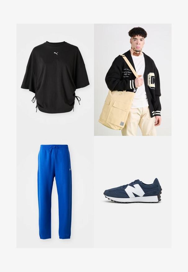 Zwarte korte mouwen t-shirt van katoen, met een ronde hals en zijkoordjes voor een verstelbare pasvorm; Puma-logo in het wit op de borst.; Blauwe joggingbroek van zacht materiaal, met een elastische tailleband en trekkoord, taps toelopende pijpen en een klein logo detail aan de zijkant.; Marineblauwe sportschoenen met wit logo, bovenwerk van suede en mesh, met een gevoerde kraag, platte veters en een gestructureerde zwarte rubberen zool.; Beige schoudertas met twee voorzakken, gemaakt van stof. Overmaatse zwarte cardigan met witte strepen en geborduurde tekstdetails.