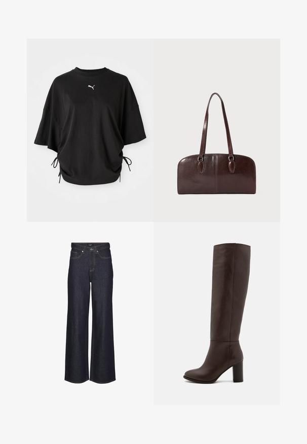 Camiseta negra de manga corta hecha de algodón, con cuello redondo y cordones laterales para un ajuste ajustable; logo de Puma en blanco en el pecho.; Jeans de pierna ancha de talle alto en denim oscuro. Cuenta con costuras clásicas, cinco bolsillos y un cierre de botón en la parte delantera.; Bota de cuero marrón hasta la rodilla con tacón bloque, textura suave, punta redondeada y detalles de costura mínimos.; Bolso de piel marrón con dos asas largas, forma rectangular estructurada, textura suave y bordes redondeados. Presenta detalles de acentuación en las asas.