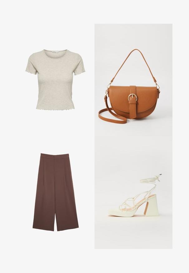 T-shirt beige a maniche corte a costine, con una forma aderente e orlo ondulato, caratterizzato da un collo rotondo e una texture morbida.; Pantaloni ampi marroni con una texture liscia, caratterizzati da una vita alta e pieghe frontali. Il tessuto è leggero e scorre liberamente.; Sandalo bianco con tacco alto, caratterizzato da un design a cinturini e un legaccio alla caviglia. Texture liscia con una piattaforma frontale per un'altezza aggiuntiva.; Borsa a tracolla in pelle marrone con forma curvata, hardware dorato e un dettaglio con fibbia. Presenta una tracolla rimovibile.