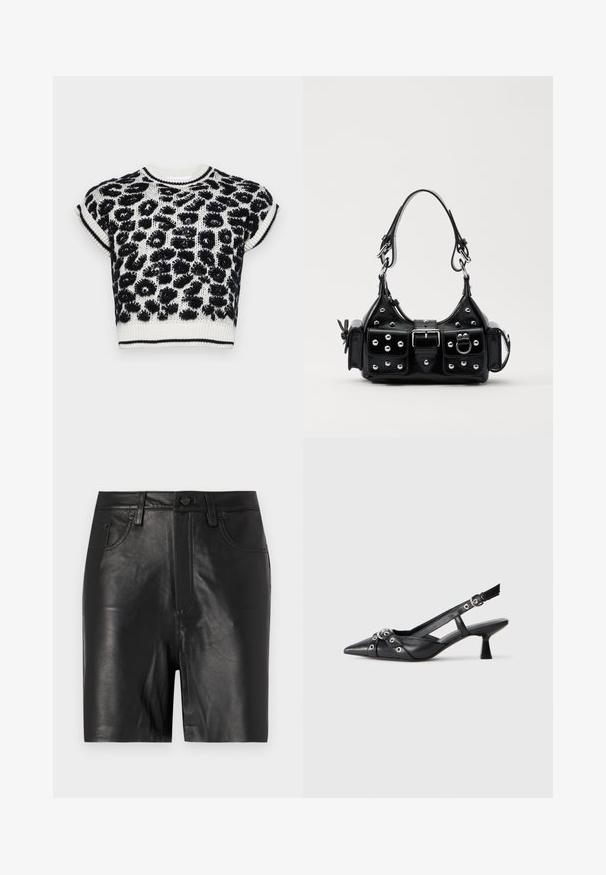 Sweater de malha cropped com padrão de leopardo em preto e branco, com mangas curtas e ribanas no colarinho e na barra.; Calças curtas de couro preto com uma textura suave, apresentando um fecho frontal com zíper, fecho de botão e design clássico de cinco bolsos.; Sapato slingback em couro preto com biqueira fina, tiras decorativas com ilhós de metal e um pequeno salto quadrado. Superfície texturizada.; Bolsa de couro preta com um design curvado, apresentando tachas prateadas, uma fivela e dois bolsos laterais. Alça ajustável para opções de transporte.