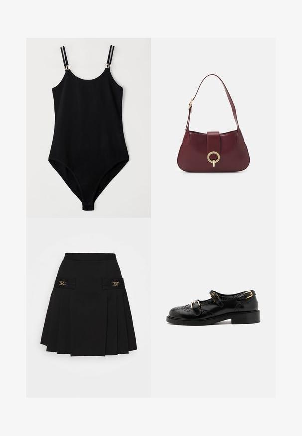 Schwarzer Badeanzug mit taillierter Passform, ausgestattet mit verstellbaren Trägern und silbernen Hardware-Details an den Schultern. Glattes, strukturiertes Material.; Schwarzer gefalteter Rock mit goldenen Hardware-Details. Verfügt über Seitentaschen mit Logo-Details und ist aus glattem Material gefertigt. A-Linien-Silhouette.; Schwarze Lederschuhe mit Broguedetails, ausgestattet mit zwei Schnallenriemen, einer abgerundeten Zehenpartie und einem flachen Absatz. Glatte Textur mit glänzendem Finish.; Burgunderfarbene Lederhandtasche mit geschwungener Form, einem goldenen, runden Hardware-Akzent und einem einzigen Schultergurt. Glatte Textur, minimalistisches Design.