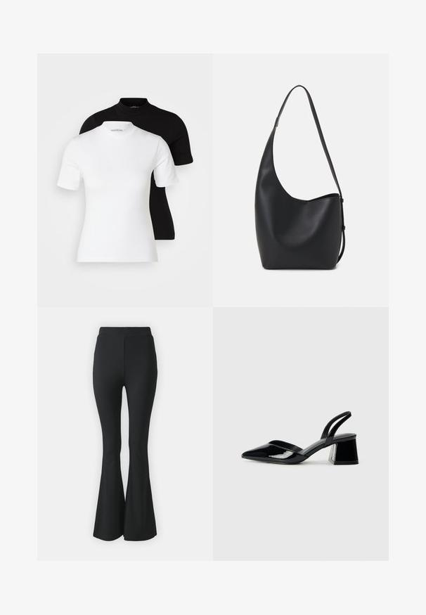 Even&Odd Petite 2 PACK - T-shirt basic; Czarne spodnie z szerokimi nogawkami wykonane z elastycznego materiału. Posiadają wysoką talię oraz gładki, dopasowany krój, który rozszerza się od kolan w dół.; Czarne lakierowane półbuty na obcasie z wydłużonym noskiem i geometrycznym słupkiem. Charakteryzują się eleganckim, minimalistycznym designem oraz gładką fakturą.; Czarna skórzana torba hobo o gładkiej fakturze, zaokrąglonym kształcie i pojedynczym, regulowanym pasku; posiada szerokie otwarcie na górze.