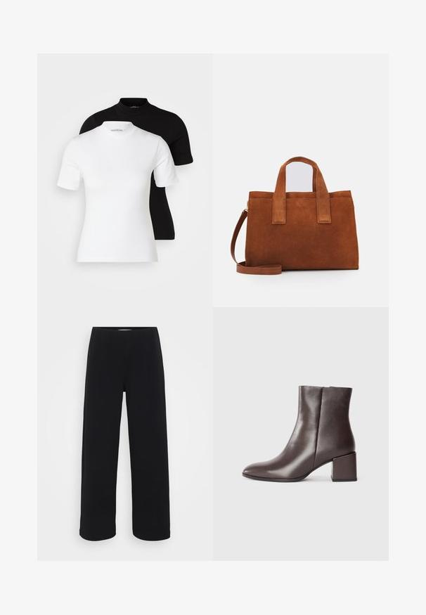 Even&Odd Petite 2 PACK - Camiseta básica - white/black; Pantalones negros de pierna ancha con una cintura elástica. Fabricados con un material texturizado, presentan un corte suelto y recto desde las caderas hasta el dobladillo.; Botín de piel marrón con un diseño elegante, puntera afilada y tacón cuadrado. Textura suave y silueta minimalista.; Bolso de ante marrón con dos asas superiores y una correa de hombro ajustable. Presenta una forma estructurada y un diseño minimalista.