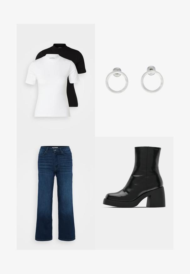 Even&Odd Petite 2 PACK - Paprasti marškinėliai - white/black; ONLY Petite ONLMADISON BLUSH WIDE - Platėjantys džinsai - dark blue denim; Juodi kulkšniniai batai su blizgiu paviršiumi, kvadratiniu pirštu ir storu blokiniu kulnu. Dizainas pasižymi be siūlių siluetu ir minimalia ženklinimo. ; Sidabriniai metaliniai auskarai žiedų pavidalu su šveitimo tekstūra, turintys apvalų dizainą ir skaidrų laikiklį saugiam dėvėjimui.