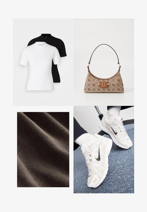 Even&Odd Petite 2 PACK - Camiseta básica - white/black; Tejido marrón oscuro con una superficie lisa y texturizada, que presenta arrugas sutiles y un acabado suave y mate. Ideal para diversas aplicaciones textiles.; Zapatillas Nike en blanco y beige con parte superior de malla, superposición texturizada, logo Swoosh negro y suela acolchada con suela de agarre.; Bolso tote de tela color beige con acentos de patrón marrón. Presenta una forma curva, una correa única y una placa de logo en la parte delantera con herrajes plateados.