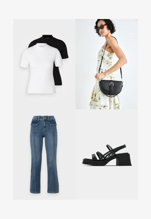 Even&Odd Petite 2 PACK - T-shirt basic; ONLY Petite ONLWAUW niebieski denim; Czarne sandały na obcasie z wieloma cienkimi paskami i szerokim słupkiem. Elegancki design z matową teksturą. Podeszwa ma lekki łuk.; Czarna skórzana torebka o zakrzywionym kształcie, z odpinanym paskiem i złotymi akcentami. Torebka posiada klapę z zapięciem w kształcie klamry.; Srebrna obrączka podwójna z gładką, polerowaną powierzchnią. Posiada płynny, zakrzywiony kształt z nakładającymi się sekcjami, co nadaje nowoczesny wygląd.