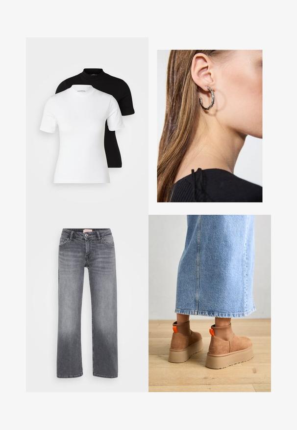 Even&Odd Petite 2 PACK - Osnovna majica kratkih rukava - white/black; Sive traperice sa ravnim nogavicama, stil pet džepova, blago izblijedjele i s kopčanjem na gumbe u struku.; Smeđe suede platform čizme s elastičnim bočnim panelima i narančastim vučnim trakama, uparenim s suknjom od svijetlog denima do koljena na drvenom podu.; Srebrna kružna naušnica s poliranim završetkom, koja ima male zlatne detalje i okrugli oblik, nošena na uhu.