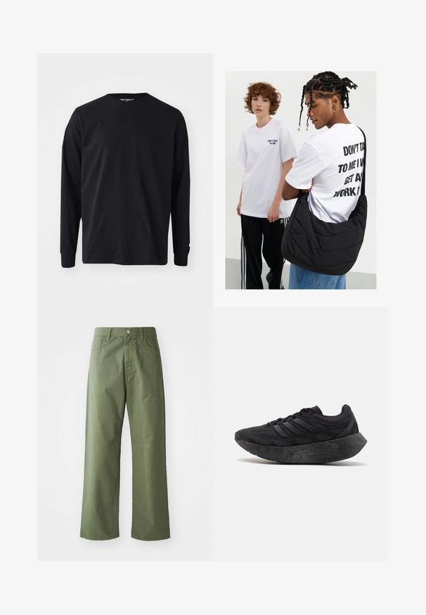 T-shirt preto de manga longa feito de algodão, com decote redondo e corte reto, apresentando um pequeno detalhe de logo na manga.; Calças largas de cor verde-oliva feitas de algodão. Apresentam passantes para cinto, fechamento frontal com botão e bolsos laterais. Textura suave.; Sapatilha atlética preta com um cabedal em malha texturizada e sola grossa e rubberizada, inclinada ligeiramente para a direita contra um fundo simples.; Carteira de ombro preta, acolchoada e com uma textura suave, usada por uma pessoa com uma t-shirt gráfica branca com texto em negrito. Vestuário casual com jeans.