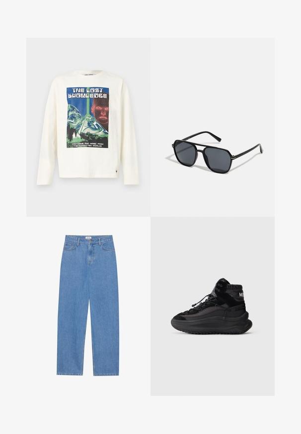 Cream long-sleeve t-shirt featuring a colorful graphic print titled "The Lost Knowledge," depicting a pyramid and digital face elements.; Light blue denim jeans with a straight cut, five-pocket design, single button closure, and subtle stitching details on the seams.; Black high-top sneaker with thick sole, lace-up front, padded ankle collar, and textured side panels on a plain light background.; Black sunglases with octagonal frame, dark lenses, glossy finish, thin temples, and gold accents on the front.