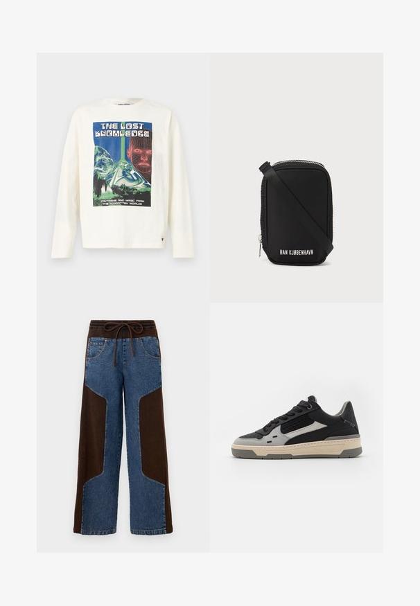 Cremfarbener Langarm-T-Shirt mit einem bunten Grafikdruck mit dem Titel "Das verlorene Wissen", der eine Pyramide und digitale Gesichtselemente zeigt.; Weite Hose mit einem Mischmaterialdesign aus blauen Jeans und braunen Stoffeinsätzen, elastischem Taillenbund und Kordelzug.; Sneaker mit schwarzen und grauen Paneelen, strukturiertem Mesh, glattem Leder und einer cremefarbigen Gummisohle mit minimalistischem Design.; Schwarze Tasche mit rechteckiger Form, aus glattem Material. Verfügt über einen oberen Reißverschluss, einen verstellbaren Riemen und weißen Text: "HAN KJØBENHAVN."